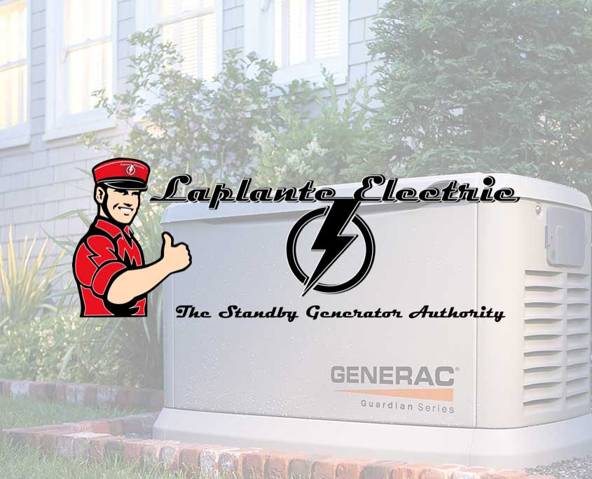 Laplante Electric logo over a nice backup generator installation marketing piece.