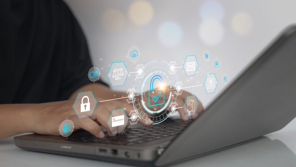Cybersecurity concept with a digital shield and global network icons representing active website hosting, online security, and data protection.