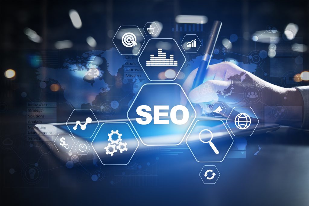 Illustration showing SEO (Search Engine Optimization) with digital and online icons, charts, magnifying glass, and network graphics