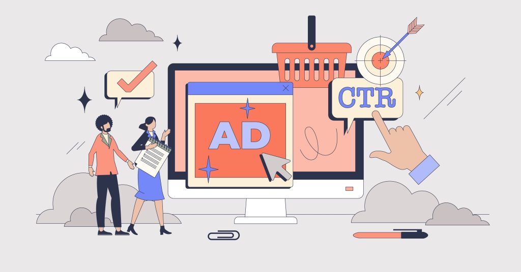 Illustration of marketers analyzing ad performance data and planning campaigns, symbolizing how to turn paid clicks into real customers through effective strategy.