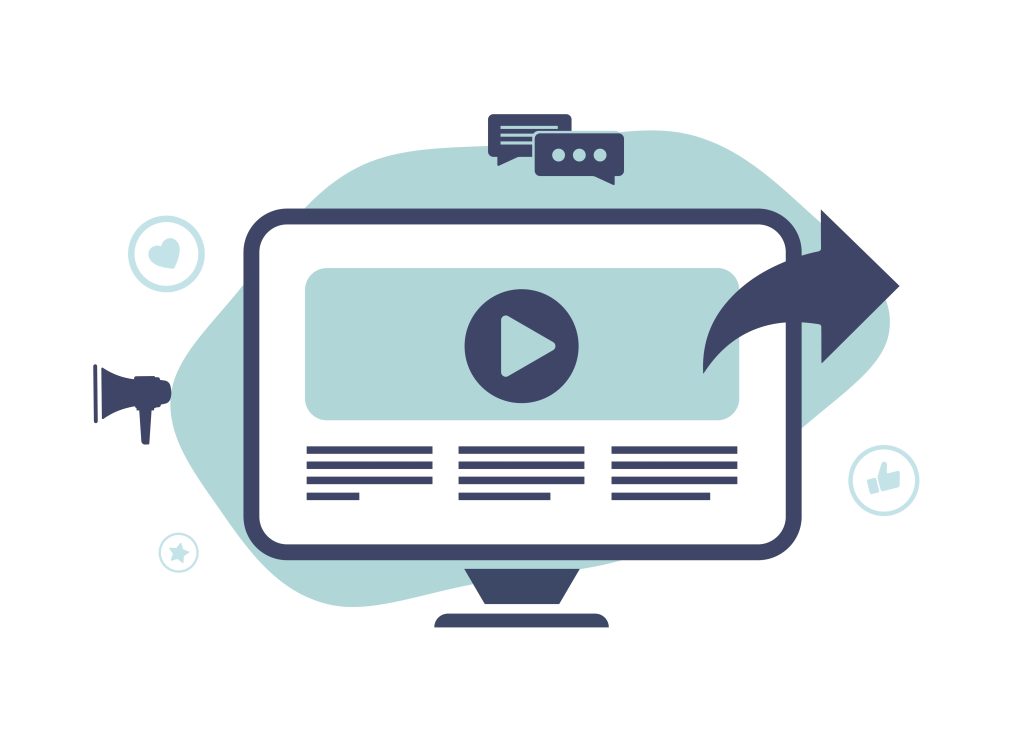 Illustration of a video player with SEO icons and graphics symbolizing video content optimization