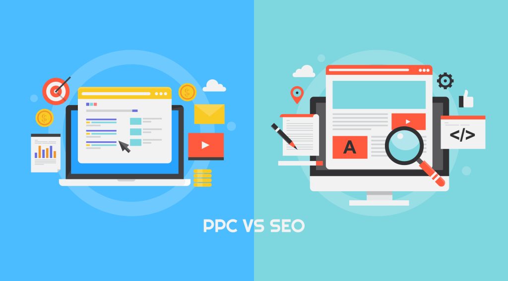 Illustration comparing PPC and SEO, showing icons for pay-per-click advertising on one side and search engine optimization on the other.