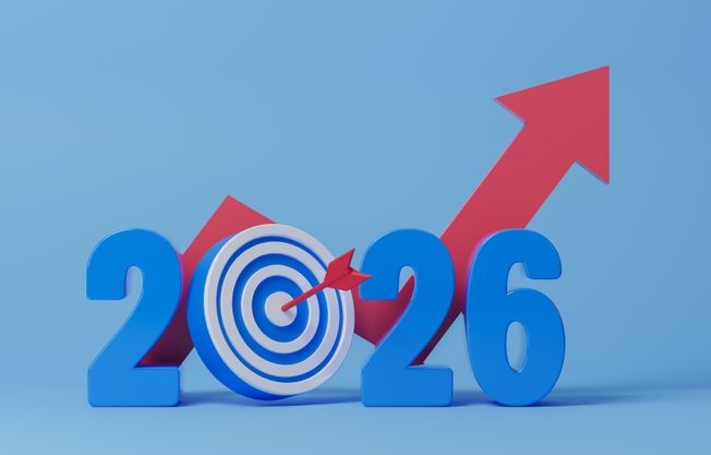 Graphic of 2026 New Year goals and business plans with targets and upward growth elements, representing strategic planning for success.